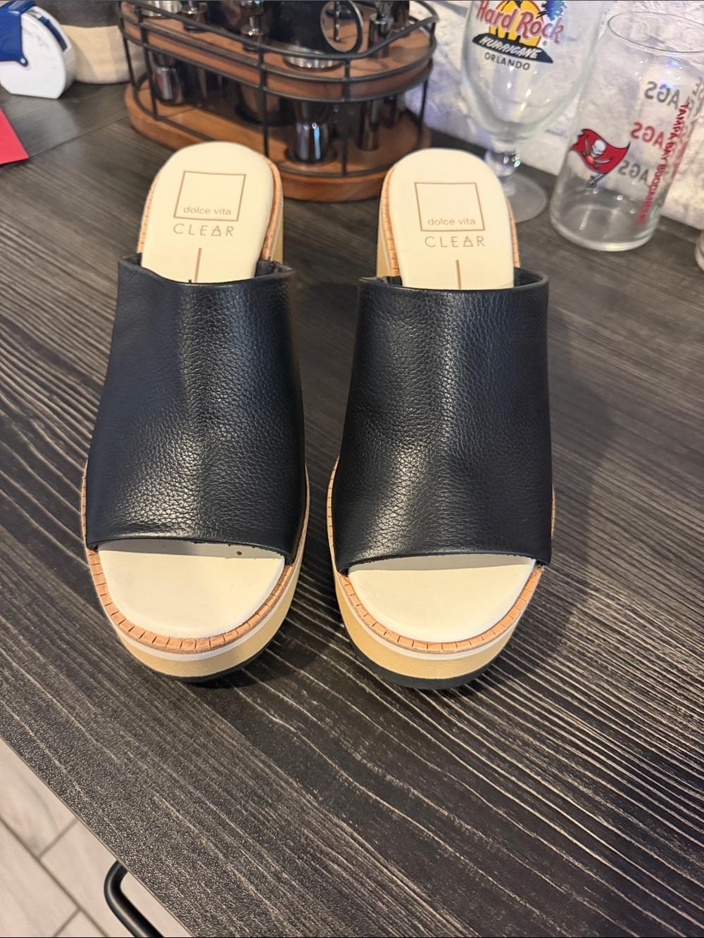 Dolce Vita Black Leather Slide Platform Mules